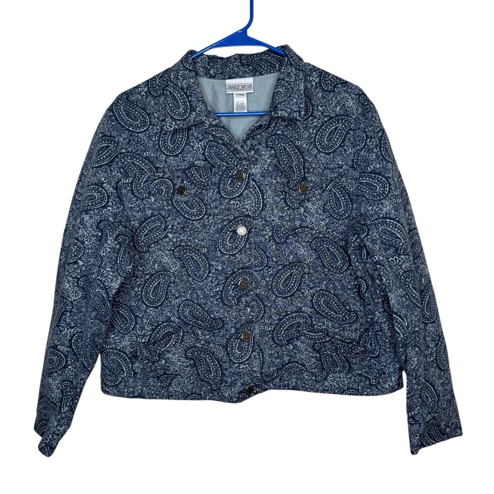 Jones New York Blue Paisley Jacket Size 16 Pockets Like New